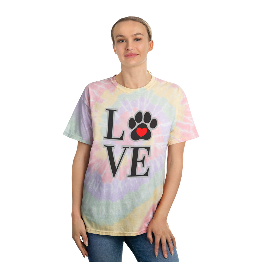 Tie-Dye Pet Love T-Shirt — Pastel Spiral Paw Heart Design