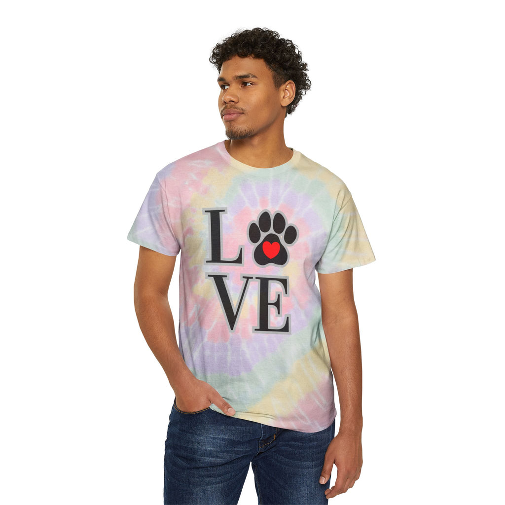 Tie-Dye Pet Love T-Shirt — Pastel Spiral Paw Heart Design